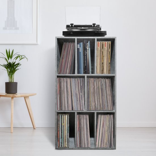 Meuble de rangement pour vinyles LP - meuble à disques - rangement vinyles LP - bibliothèque - 8 compartiments - aspect béton gris