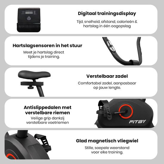 Vélo d'exercice Fitby - Vélo d'exercice - Vélo d'exercice Fitness - 8 niveaux de résistance - Avec fonction cardio-fréquencemètre - 100 KG - Noir
