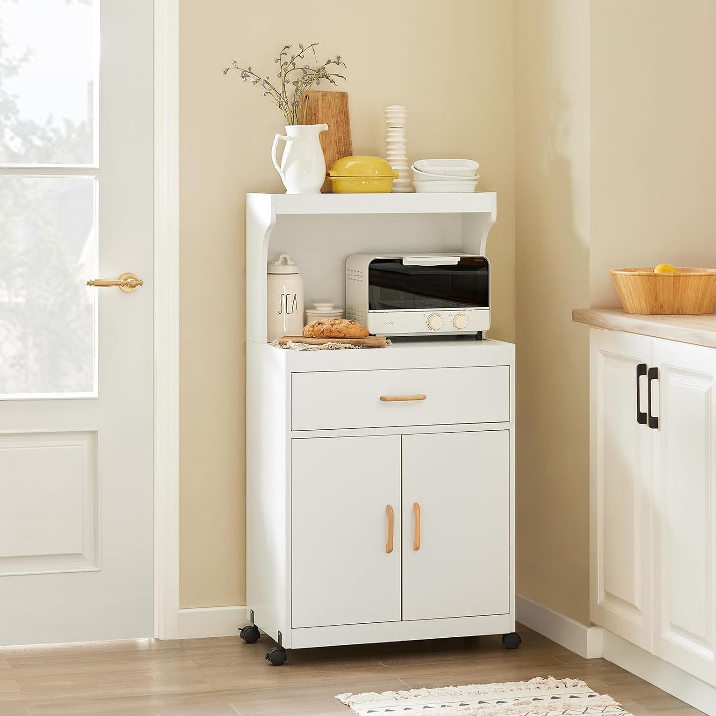 SoBuy Meuble micro-ondes avec 1 tiroir - Max. 60 kg - MDF - Avec roulettes - 62 x 40 x 119 cm - Blanc