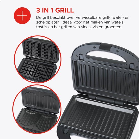 Bourgini MultiGrill 3-en-1 - Toasti maker, Grill & Gaufrier - Sans PFAS - Plaques interchangeables - 750W