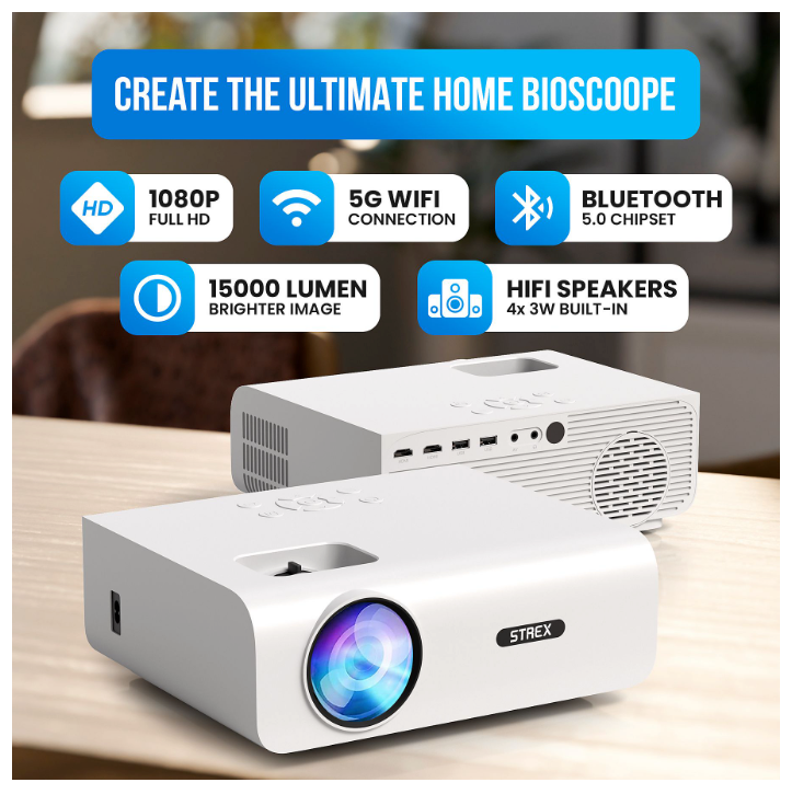 Strex - Mini vidéoprojecteur - 1080P Full HD - 15000 lumens - Streaming sans fil - WiFi - Bluetooth - Blanc