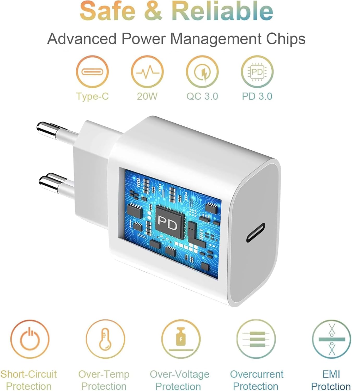 Adaptateur secteur USB-C 20W pour Apple, adaptateur secteur USB-C, chargeur rapide pour iPhone 16 15 14 13 12 11/15 14 Pro/15 14 Pro Max/15 13 Plus /12 Pro Max/Mini, iPad, AirPods, Samsung