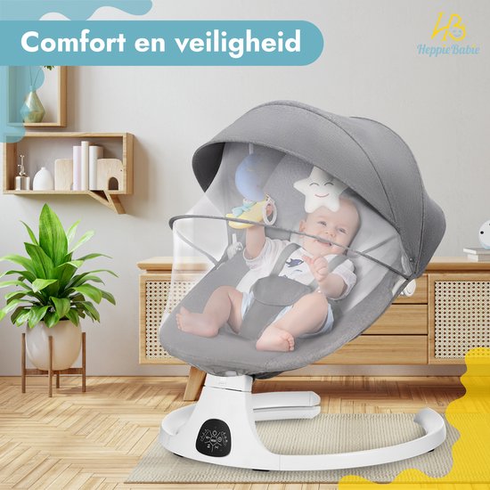 HeppieBabie Balançoire électrique - Options de musique et de balancement - Ceinture de sécurité à 5 points - Balançoire pour bébé - Balançoire pour bébé - Avec Ebook