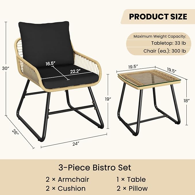 Ensemble de jardin Yaheetech 3 pièces style bistrot - Beige/Noir - Ensemble de jardin en rotin avec table en verre et 2 chaises
