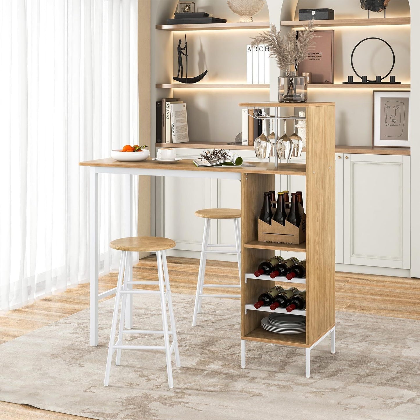 Coast Bar Table Set With Wine Rack and 2 Stools - 3 pieces - White