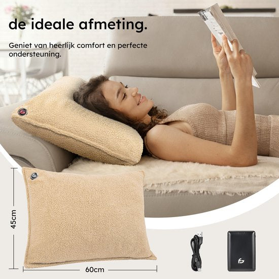 Coussin chauffant - 3 niveaux de chaleur - Coussin chauffant rechargeable - 10k mAh Powerbank - Sans fil - Coussin chauffant - 45x60 - Teddy Beige - Saaf Comfort