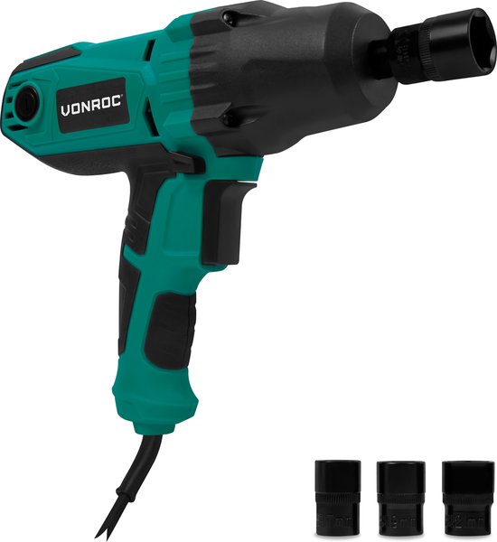 VONROC Clé à chocs 450W - 350Nm - prise 1/2" - 4 douilles à écrou incluses - câble 3m - Soft Grip - convient pour le changement de pneus