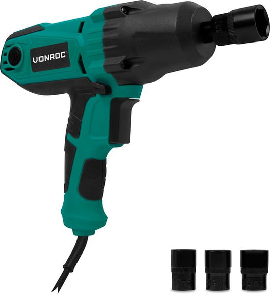 VONROC Clé à chocs 450W - 350Nm - prise 1/2" - 4 douilles à écrou incluses - câble 3m - Soft Grip - convient pour le changement de pneus