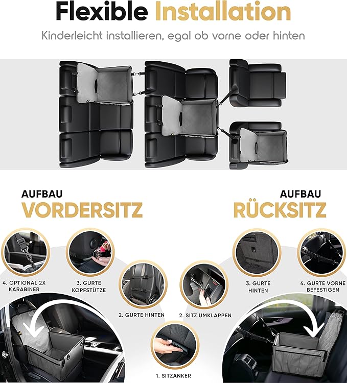 HELDENWERK Siège auto pour chien, très robuste, parois renforcées, 5 sangles, siège auto pour chien étanche pour siège arrière et avant, gris, taille standard