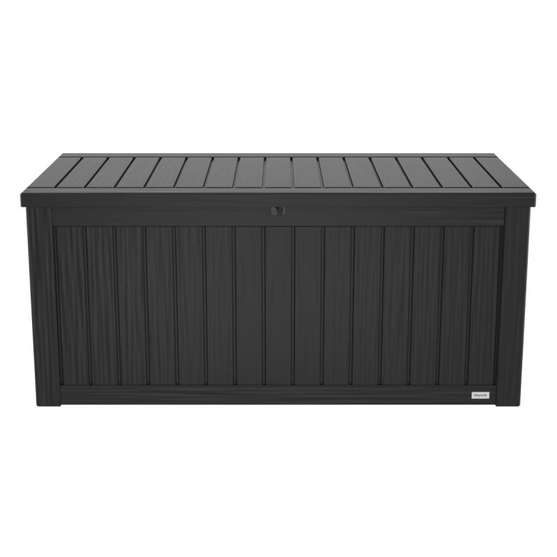 LifeGoods - Boîte de rangement Boîte à coussins M - 142 x 67 x 60 cm - Capacité de 450 litres - Ressort à gaz de luxe et poignées intégrées - Pour set de salon et outils de jardin - Plastique noir