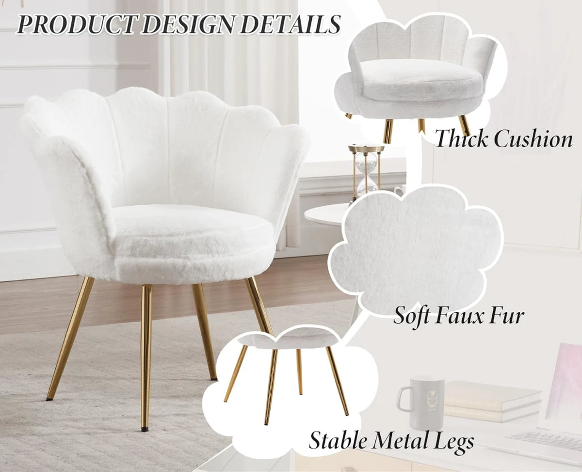 Fauteuil Ya-Home en forme de fleur avec pieds dorés - Fauteuil de détente en peluche - 70 x 60 x 76 cm - Blanc