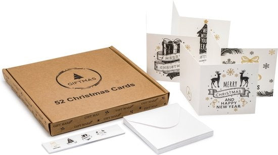 Giftmas Cartes de Noël - Cartes de vœux - 52 pièces - Avec enveloppes et autocollants - 10x10cm