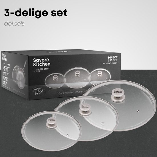 Savoré Kitchen Pan Lid Set 3-piece - Couvercle pour poêle Ø 20, 24, 28 cm - inox - Verre