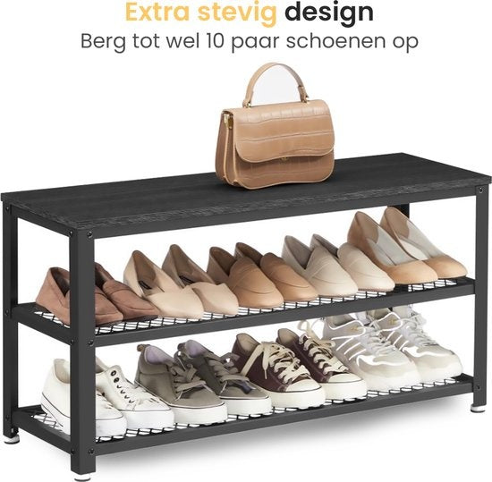 Goliving Rangement de chaussures - Banc de chaussures - Banc d'entrée - Industriel - 30 x 80 x 45 cm - Métal - Bois noir