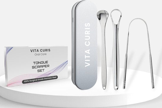 Vita Curis - Grattoir à langue professionnel - Soins bucco-dentaires - Acier chirurgical 100 % antibactérien - Nettoyeur de langue - Grattoir à langue