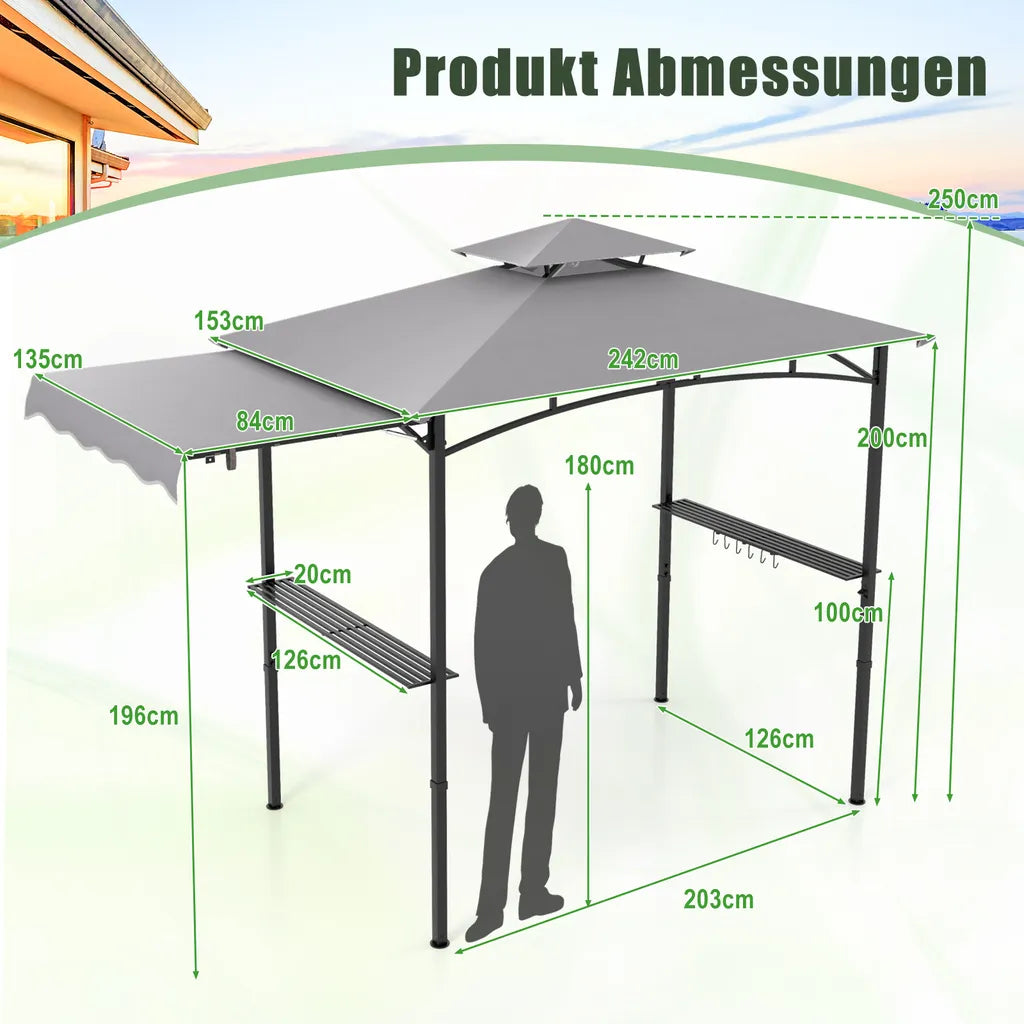 Pavillon de barbecue Coast résistant aux intempéries 318 × 153 × 250 cm – Abri pour barbecue avec auvent latéral, double toit, tables latérales, crochets et décapsuleur – Gris/Noir