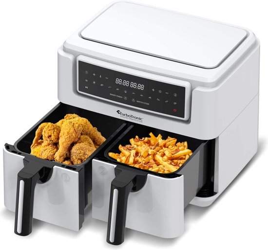 TurboTronic AF118 Double Airfryer XXL - Friteuse digitale à air chaud - Double panier - 7.6L - 2x 3.8L - 12 programmes - Ecran tactile - Blanc