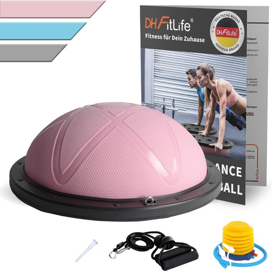DH FitLife Balance Ball - Yoga Balance Trainer Ø60 x 22 cm - Chargeable jusqu'à 200 kg - Demi-ballon de gym / planche d'équilibre fitness - Pompe et 2 sangles fitness incluses - Rose