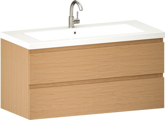 Meuble de salle de bains Mirlux en chêne clair 100 cm - Lavabo blanc - Ensemble de meubles de salle de bains - Meuble-lavabo en chêne clair