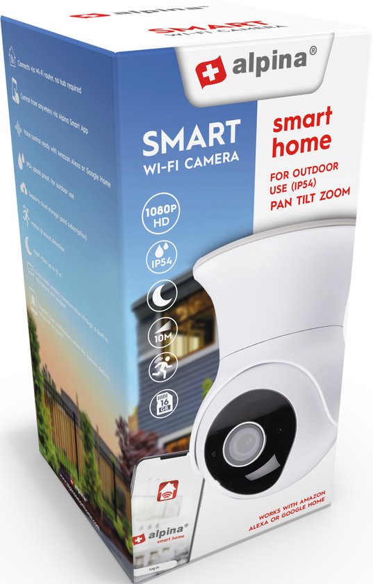 alpina Smart Home Wifi Camera - Full HD 1080p - Caméra de surveillance extérieure - Capteur de son et de mouvement - Vision nocturne - avec application - IP54 étanche à la poussière et à l'eau