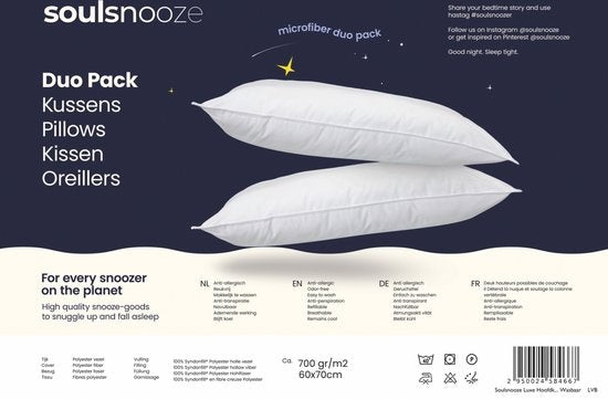Soulsnooze - Oreiller de luxe de qualité hôtelière - Lot de 2 - Blanc - Moyen - 60x70 cm - Design ajustable - Oreillers de chambre à coucher - Antiallergique - Lavable