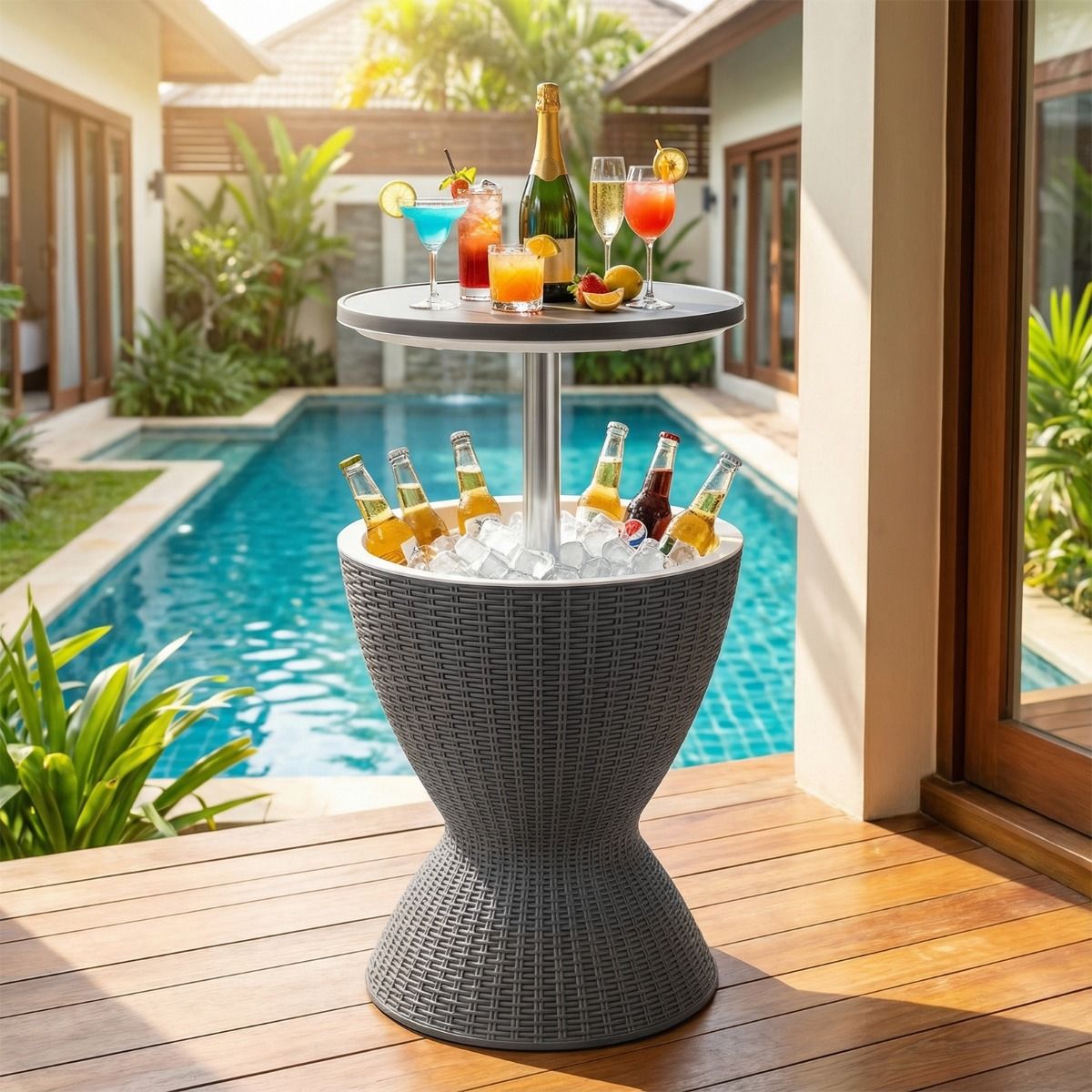 Refroidisseur à vin Coast 30 L avec plateau coulissant – Réglable de 57,5 à 82 cm – Aspect rotin – Gris