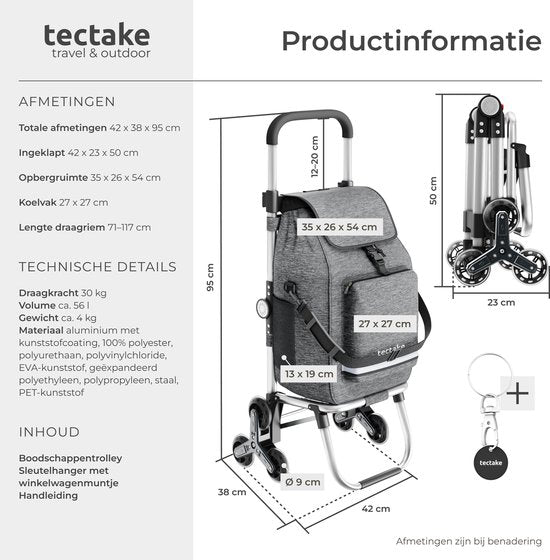 Chariot de courses tectake® 3-en-1 avec compartiment réfrigérant - Roues 4-Traploop - Pliable - Capacité de 56 L - Chariot de courses - Chariot de supermarché - S'utilise également comme diable et sac à provisions - Avec porte-clés et jeton de caddie