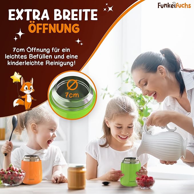 Funkelfuchs® Thermo cup pour aliments pour enfants - 500ml, green trigger - 100% étanche - chauffe aliments en acier inoxydable - thermo cup food - thermo lunch box kids - baby food warmer