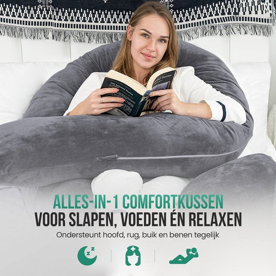 Coussin de grossesse Avalo XXL 280 cm - Coussin d'allaitement et de sommeil sur le côté en forme de U - Body Pillow - Coussin pour le corps - Gris foncé