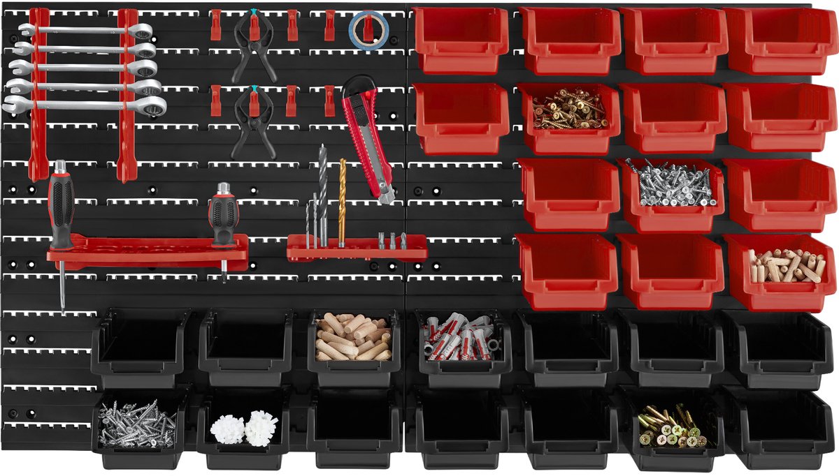 tectake mur d'outils d'atelier - 96x17x54 cm - Noir/Rouge - 28 Bacs de rangement et supports muraux