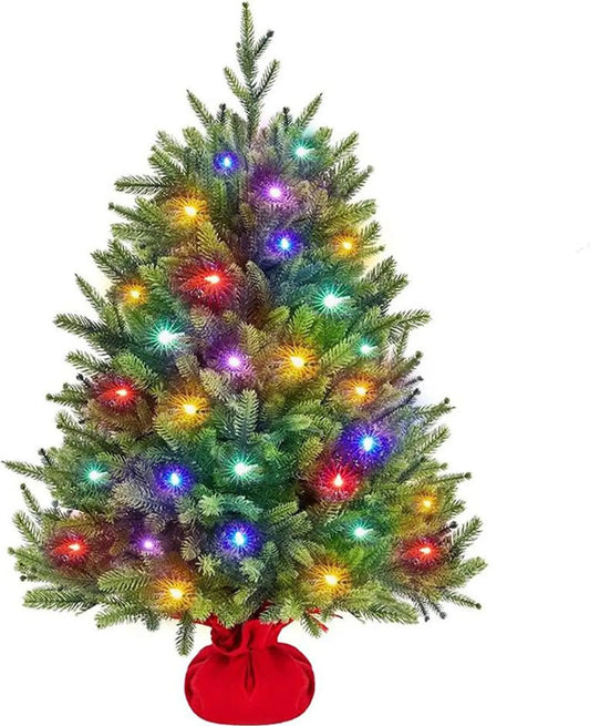 Yaheetech Arbre de Noël Artificiel avec 50 lumières Led colorées - 143 branches, 8 modes d'éclairage et socle en ciment - Pour rebord de fenêtre et table - PVC vert et béton - 58 x 58 x 91,5 cm