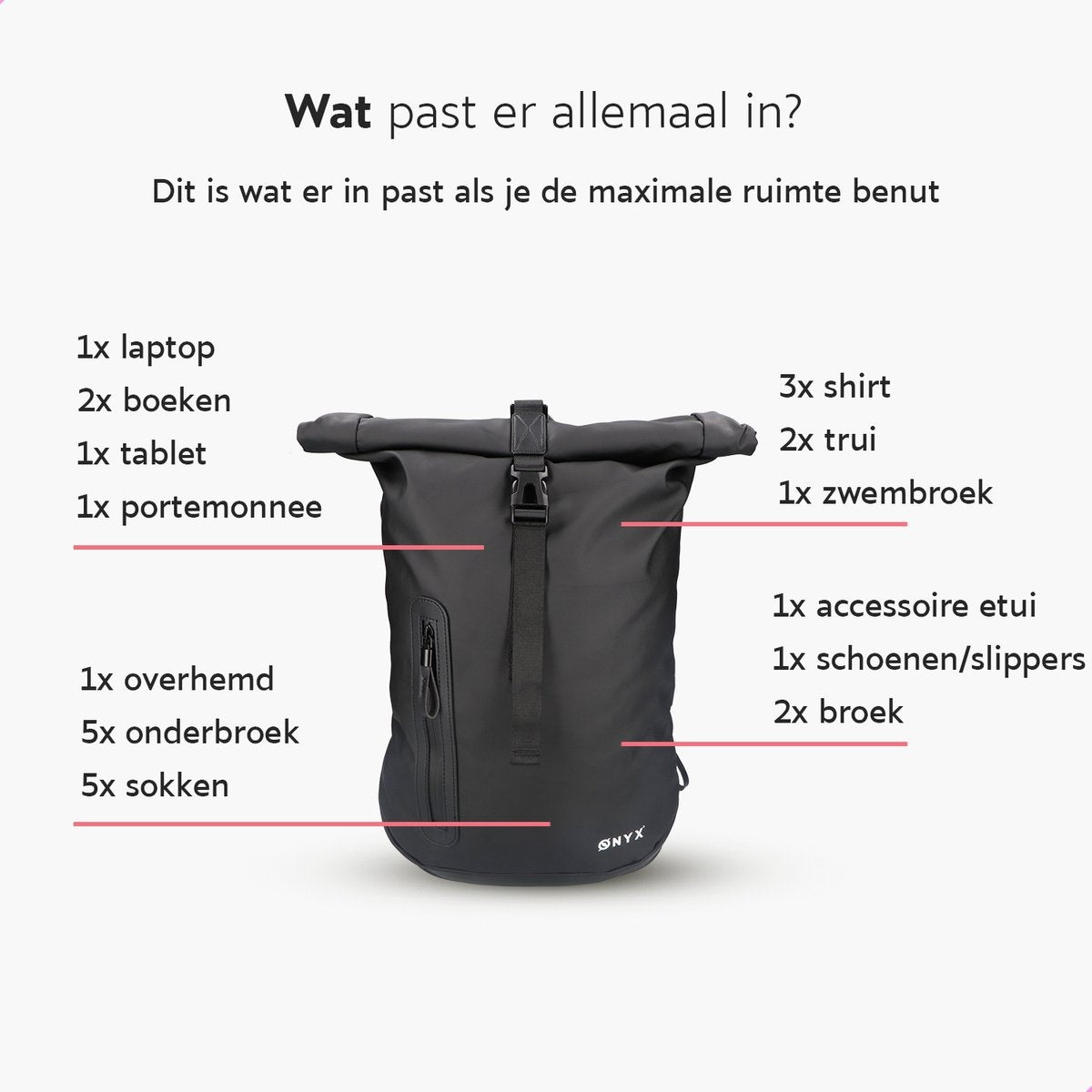ONYX Rolltop Backpack 25 à 40 L - Avec compartiment pour ordinateur portable - Sac à dos ajustable - Sac de voyage - Imperméable et durable - Noir