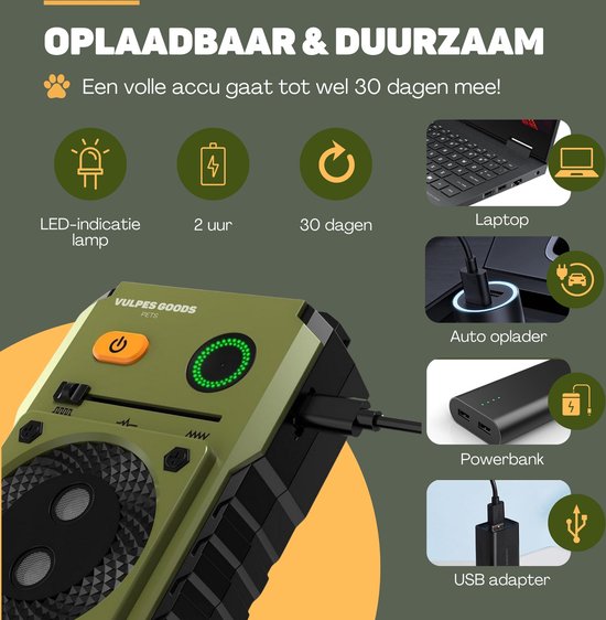 Vulpes Goods® Pets - Dispositif anti-aboiement à ultrasons PRO - Dresseur de luxe - Rechargeable - Fonctionnement automatique - Pas de choc - Résistant à l'eau - Pour tous les chiens - Intérieur et extérieur - Portée de 15 m - 3 étapes - Anti-aboiement -