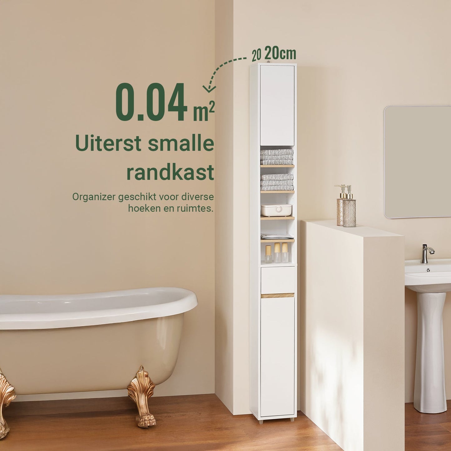 SoBuy BZR34-WN Meuble de salle de bain haut 20x20x180 cm - Blanc et bois - Meuble de rangement étroit et indépendant avec étagères et tiroirs réglables