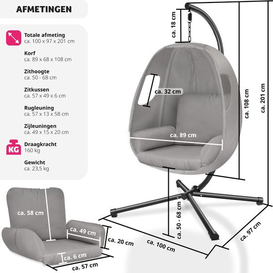 tectake® Chaise suspendue avec cadre - Chaise à bascule avec coussin + coussin de dossier - Meuble de salon ou de chambre - Meuble de balcon - Intérieur ou extérieur - Jusqu'à 160kg - Gris clair