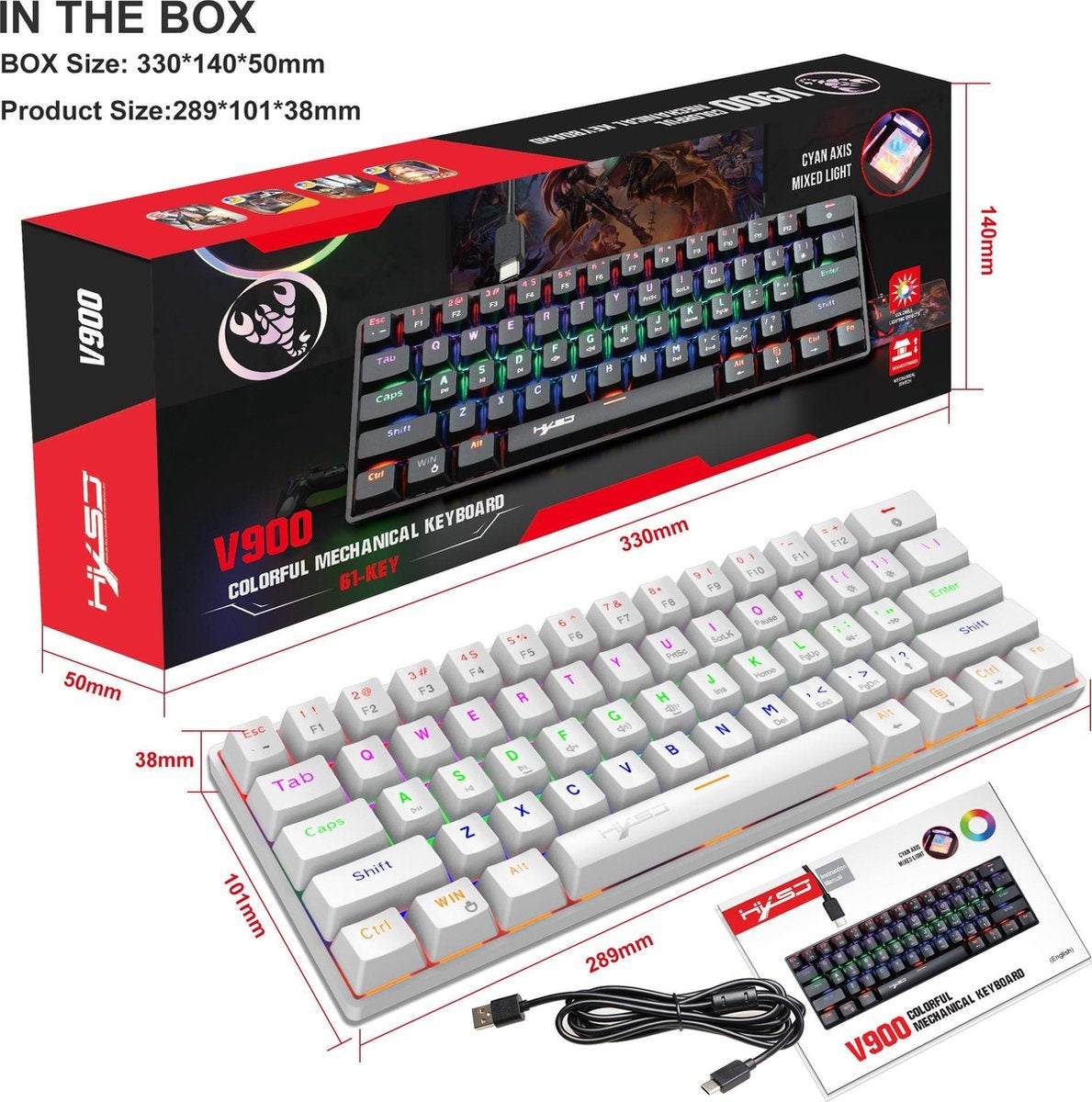 HXSJ V900 - Wired Mechanical Gaming Keyboard - RGB Lighting - Ergonomic - QWERTY - 61 Keys - Blue Switch - White