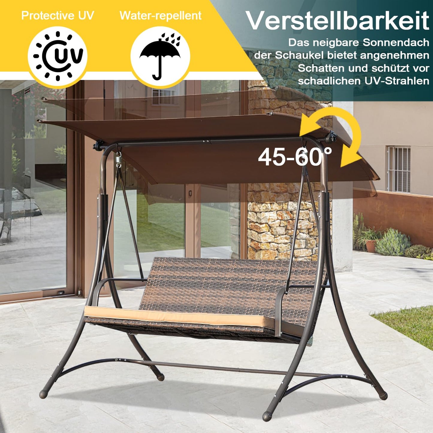 Angel Living - Balançoire Hollywood - Balançoire de jardin en rotin 3 places - Auvent réglable - Marron - 170 x 110 x 152 cm
