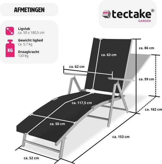 tectake® - bain de soleil - dossier réglable - noir/argenté
