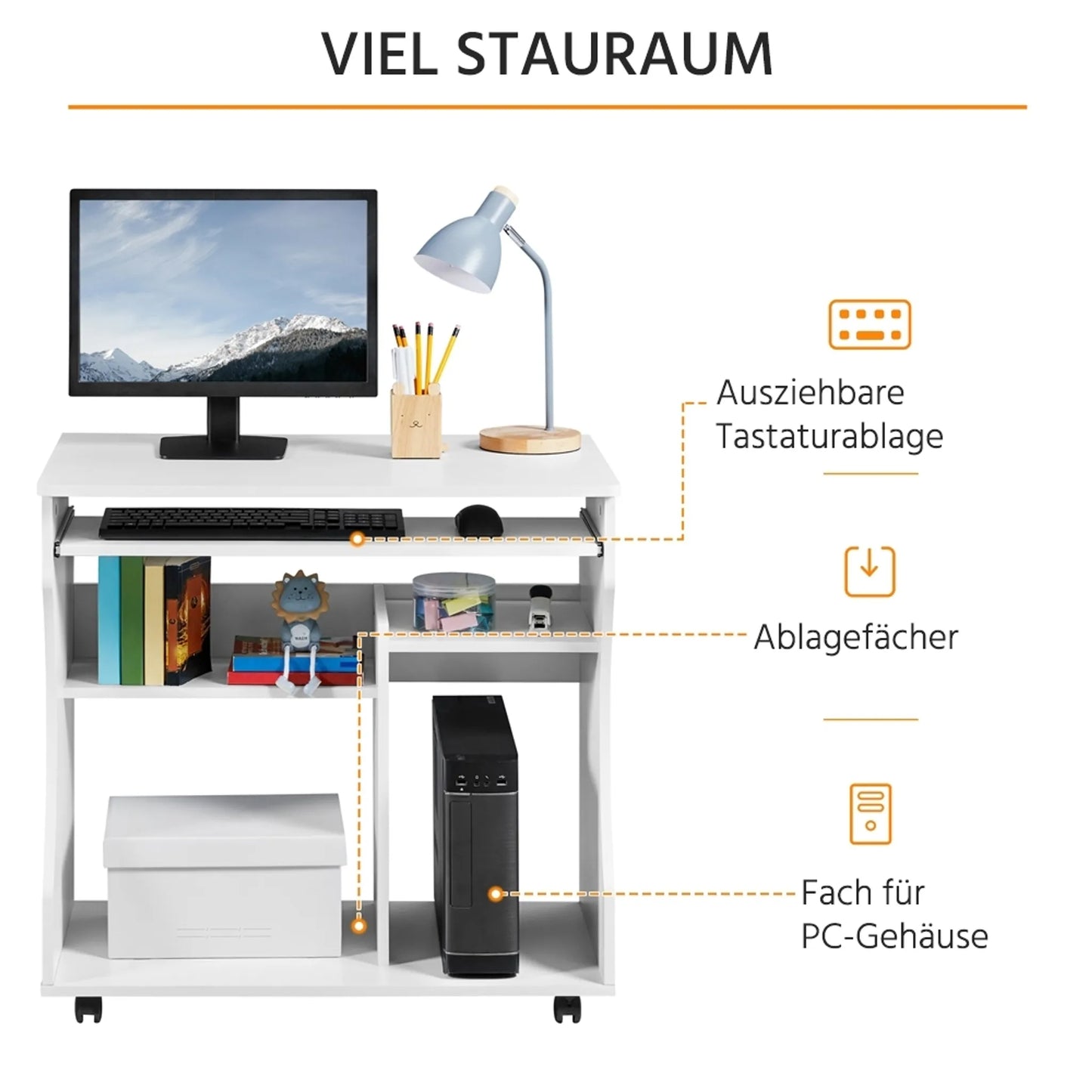 Yaheetech Bureau d'ordinateur sur roulettes - avec tiroir à clavier extensible et deux plateaux de rangement et fonction de freinage - pour bureau à domicile et chambre à coucher - Mdf blanc et métal - 80 x 48 x 76 cm