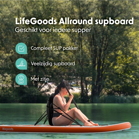 LifeGoods PaddlePro SUP Board - avec siège - Planche à pagaie gonflable - Ensemble complet - Max. 135KG - 320x81cm - Blanc/Orange