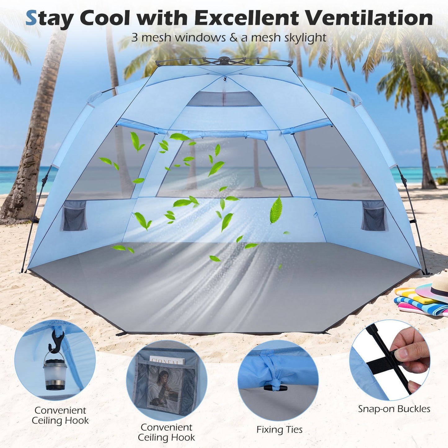 Tente de plage pop-up Coast pour 3-4 personnes - Gris/Bleu - 278 x 140 x 142 cm - Sac de transport, piquets et sacs de sable inclus