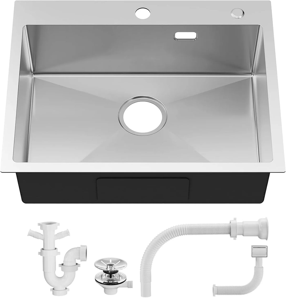 Évier Sofetiy en acier inoxydable 60 x 48 cm - Cuve simple avec siphon - Insonorisé et extra-épais (3 mm) - Acier inoxydable brossé