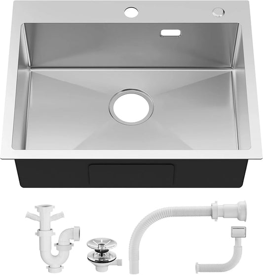 Évier Sofetiy en acier inoxydable 60 x 48 cm - Cuve simple avec siphon - Insonorisé et extra-épais (3 mm) - Acier inoxydable brossé