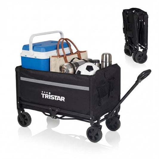 Chariot pliable Tristar – 120 L – Capacité de charge de 100 kg – Acier – Roulettes pivotantes – Chariot pliable avec hayon – Housse imperméable incluse – Compact – Festival – HC‑0917