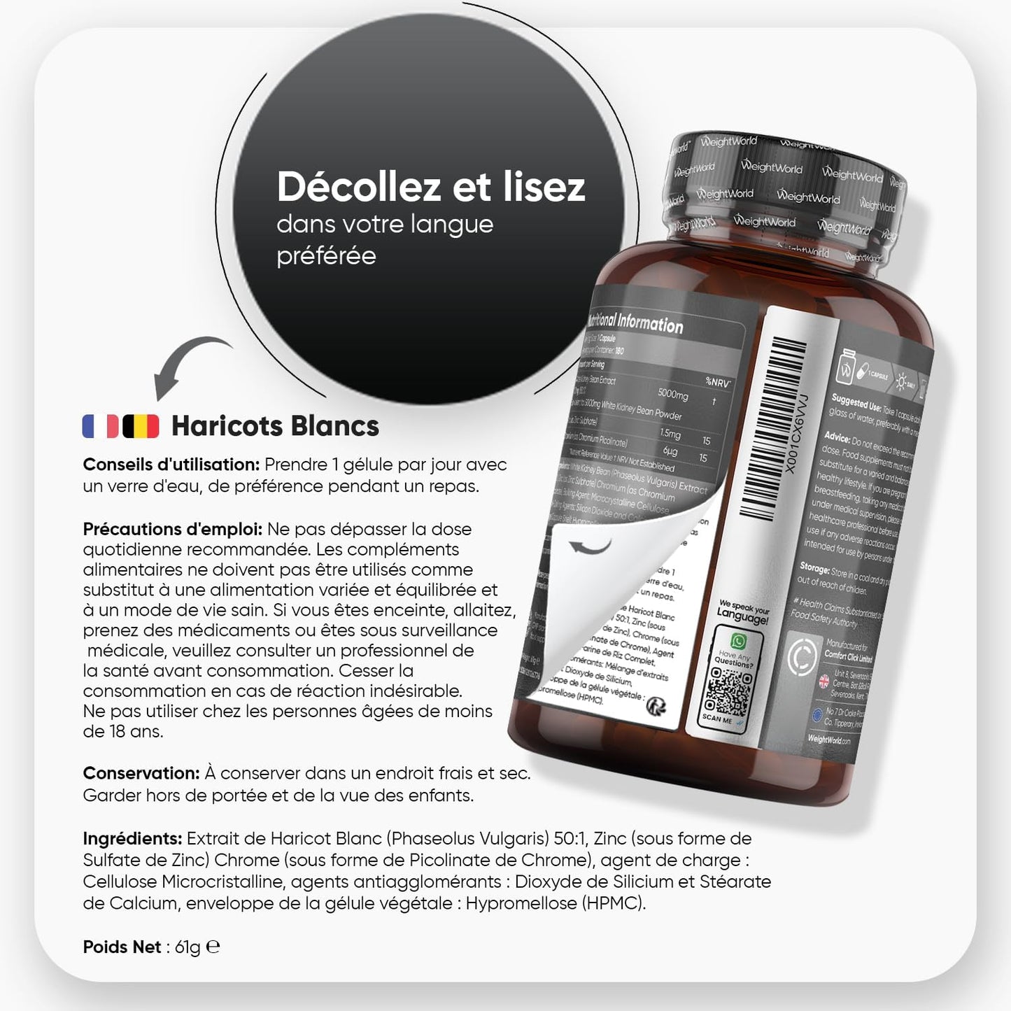 WeightWorld : extrait de haricots blancs 5 000 mg avec zinc et chrome – 180 gélules végétaliennes – Approvisionnement pour 6 mois – 6,4 x 6,4 x 11,2 cm