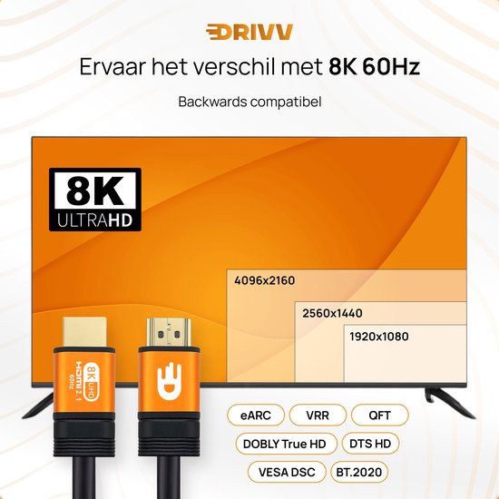 Drivv. Câble HDMI Premium 2.1 - Ultra HD High Speed 8K - HDMI vers HDMI - Convient à Xbox Series X & PS5 - 3 mètres - Orange