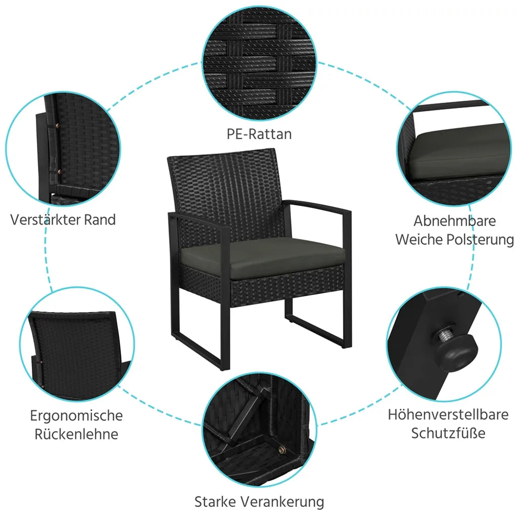 Ensemble de mobilier de jardin Yaheetech, 3 pièces - Noir/Gris - Ensemble de balcon en polyrotin avec table d'appoint