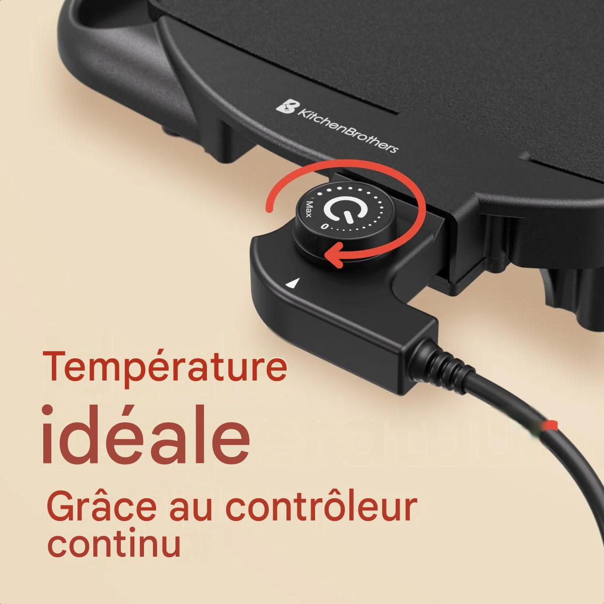 KitchenBrothers Plaque de gril électrique XL - 2000W - Gril Teppanyaki - Grillades en toute sécurité - Noir