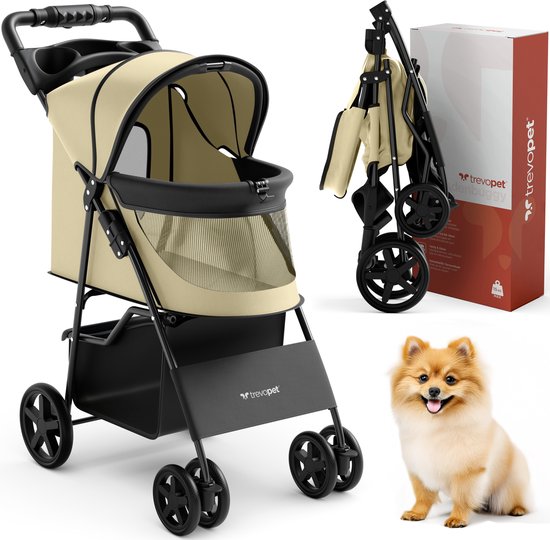 TrevoPet® Poussette pliable pour chien - Pour les petits et moyens chiens jusqu'à 15 kg - Poussette avec porte-gobelet et grand panier de rangement - Beige