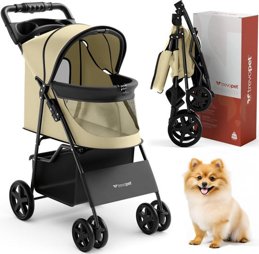 TrevoPet® Poussette pliable pour chien - Pour les petits et moyens chiens jusqu'à 15 kg - Poussette avec porte-gobelet et grand panier de rangement - Beige